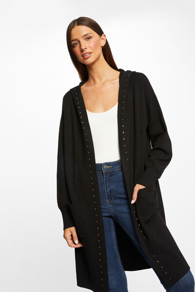 Gilet long à capuche avec clous noir femme