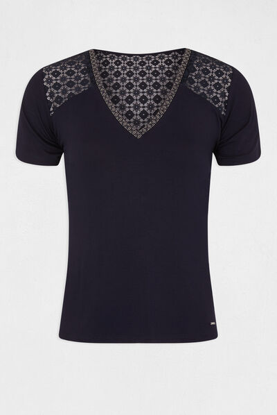 T-shirt manches courtes à dentelle marine femme
