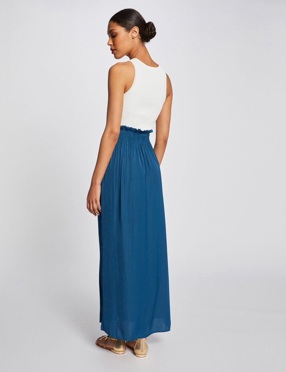 Jupe longue fluide taille &eacute;lastiqu&eacute;e bleu femme
