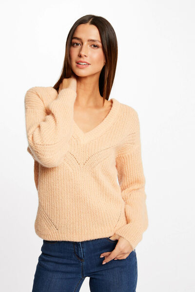 Pull manches longues à col en V orange clair femme