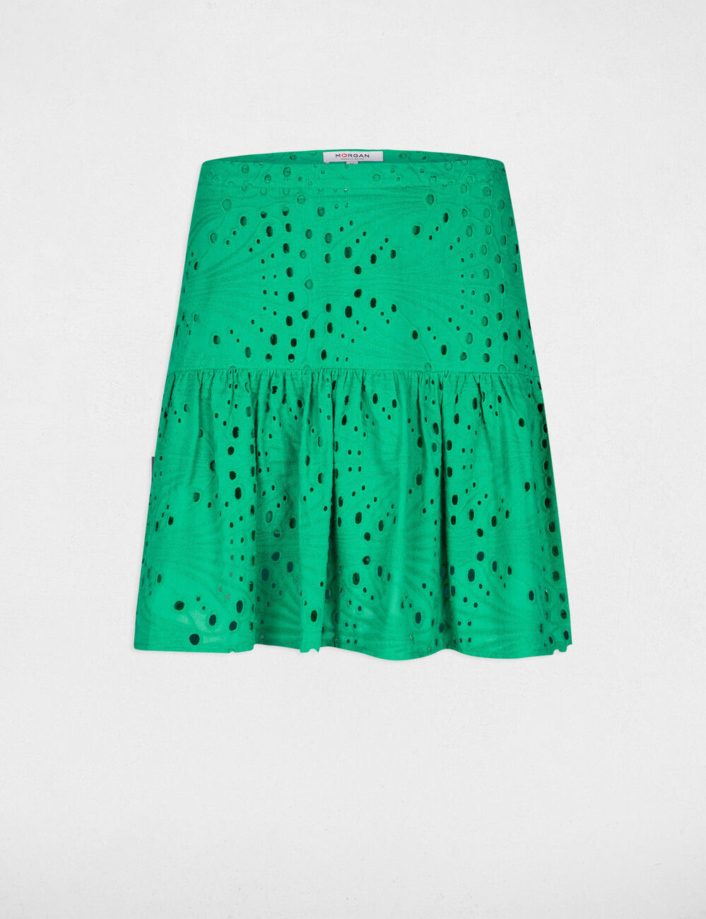 Jupe courte trapèze broderie vert femme