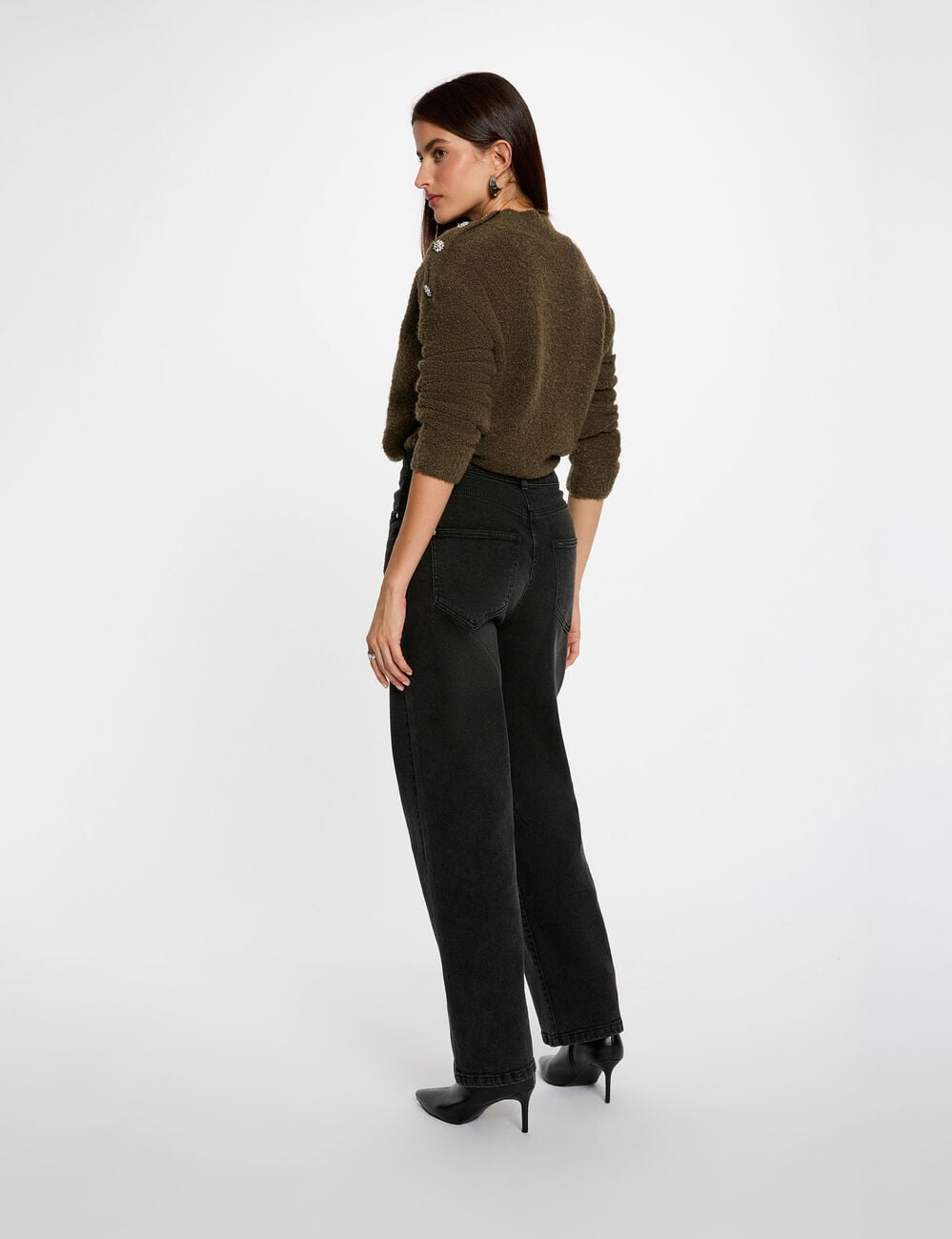 Pull col montant et boutons vert kaki femme