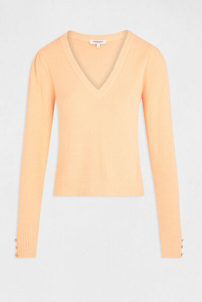 Pull manches longues avec col en V orange clair femme