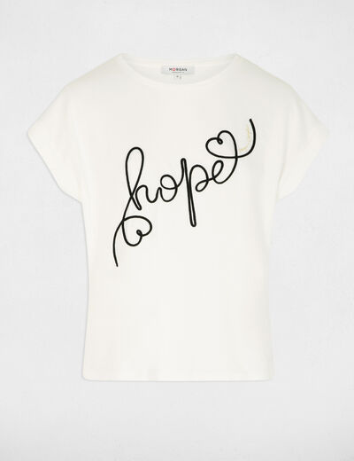T-shirt brod&eacute; col rond blanc femme