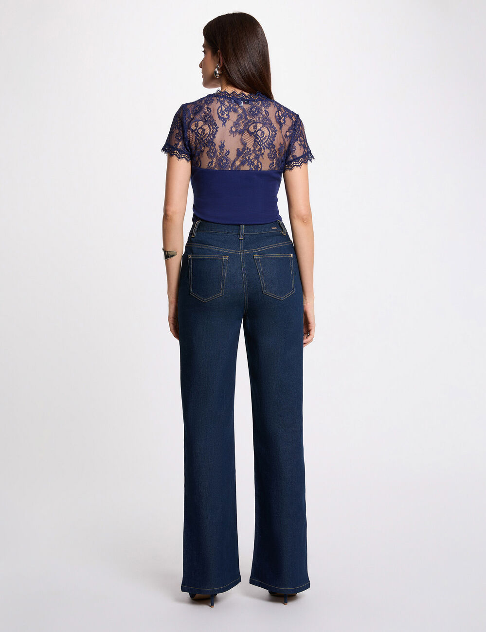T-shirt manches courtes &agrave; dentelle bleu marine femme