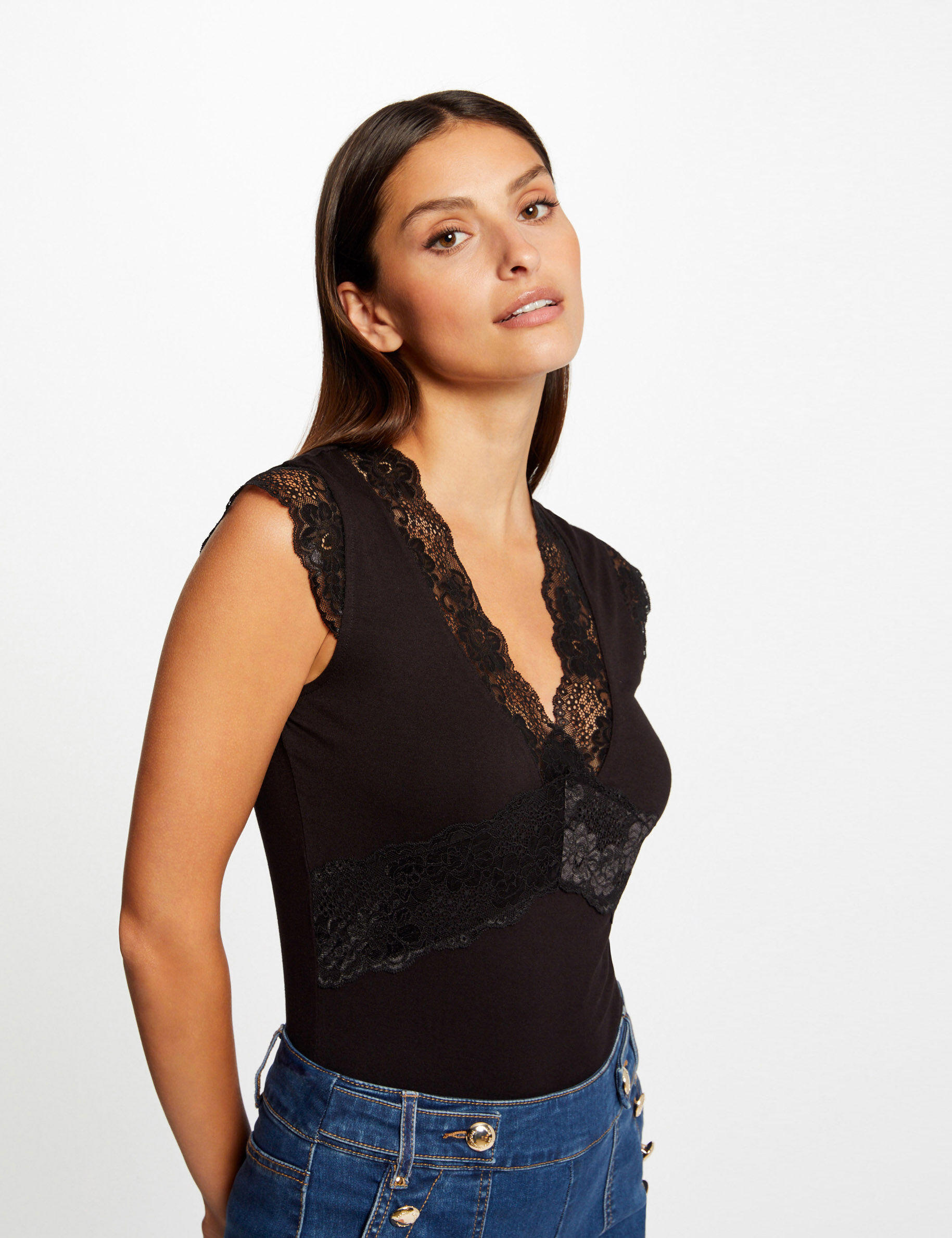 Débardeur bretelles larges à dentelle noir femme