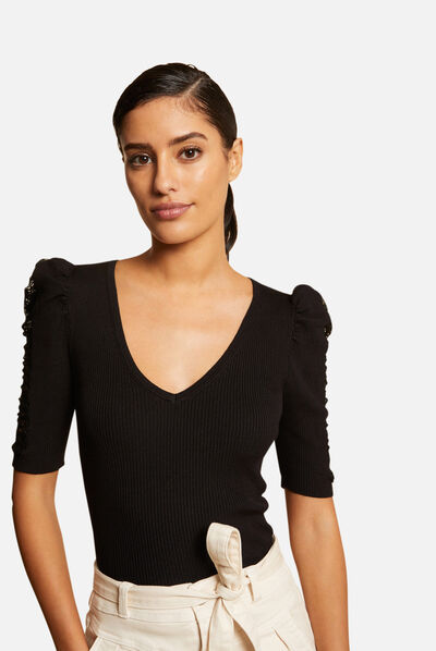 Pull manches courtes avec dentelle noir femme