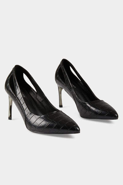 Escarpins croco avec ouvertures noir femme