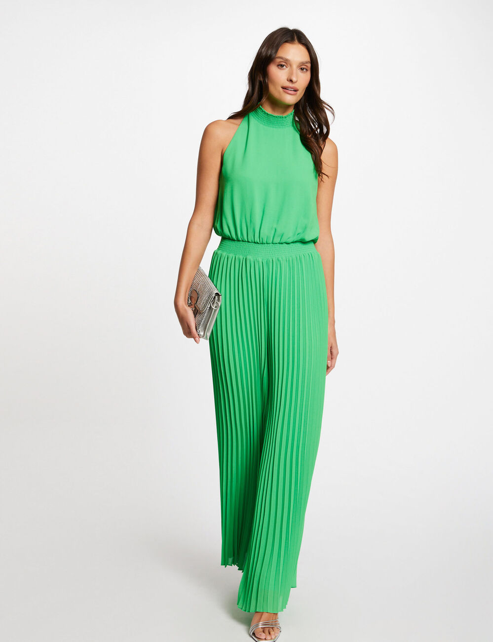 Combinaison longue plissée vert femme