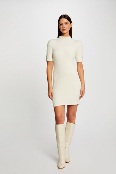 Robe pull ajustée manches courtes ivoire femme