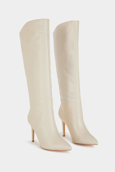 Bottes hautes à talons aiguilles en cuir ivoire femme
