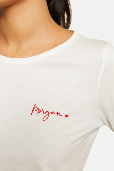 T-shirt manches longues à détails brodés ecru femme