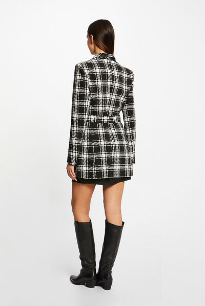 Manteau mi-long cintré à carreaux noir femme