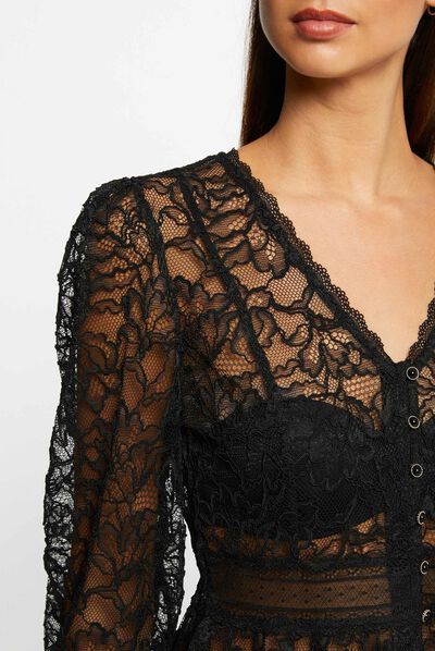 T-shirt manches 3/4 en dentelle noir femme