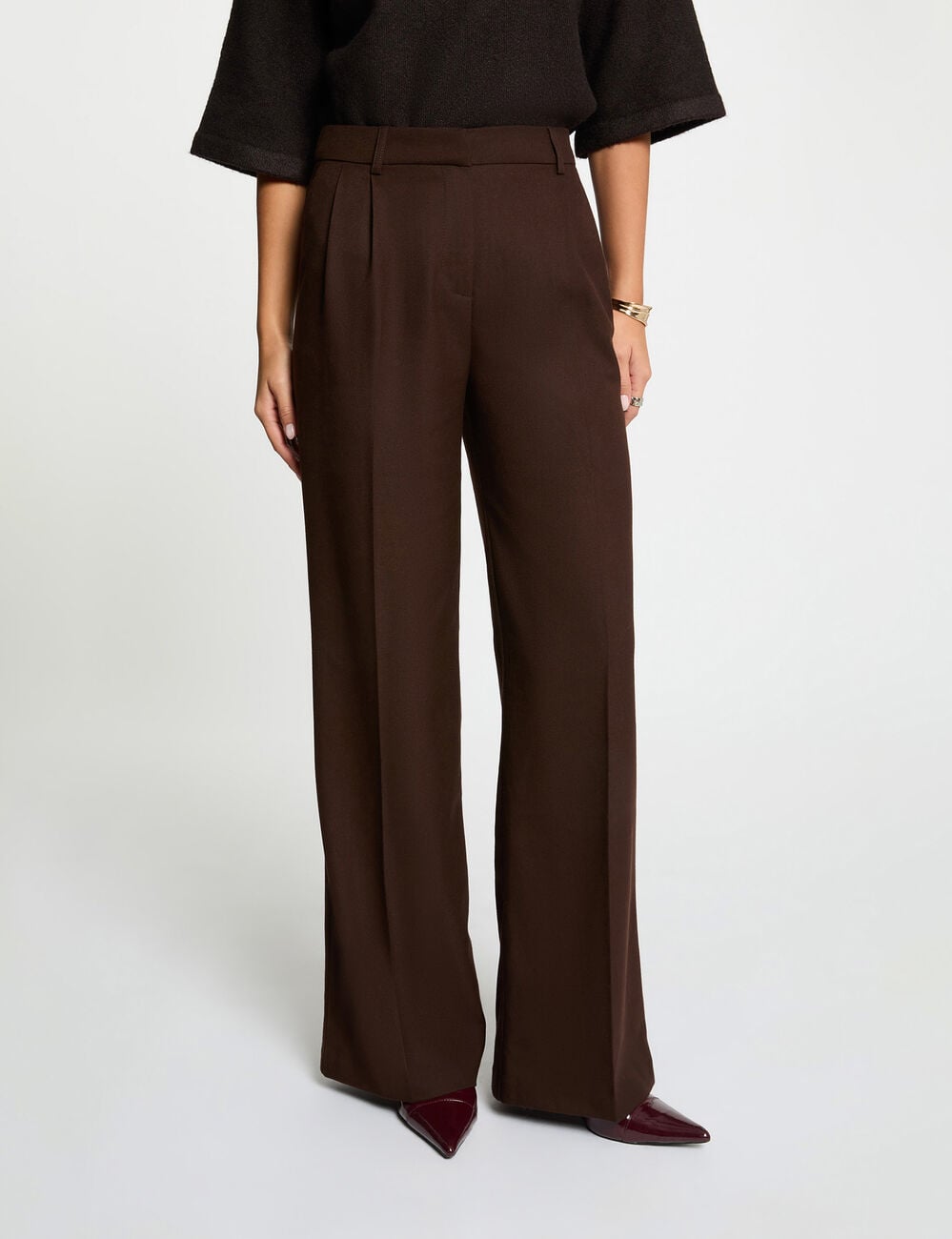 Pantalon large taille haute marron fonc&eacute; femme