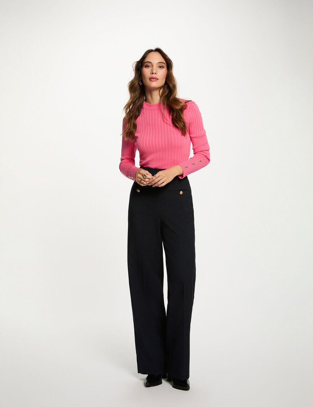 Pull ajusté col cheminée rose fushia femme