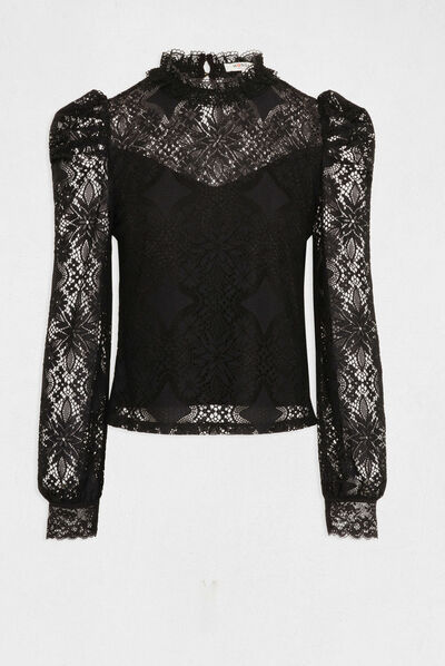 T-shirt manches longues en dentelle noir femme