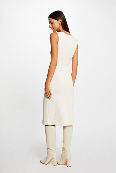 Robe pull midi ajustée col en V ivoire femme