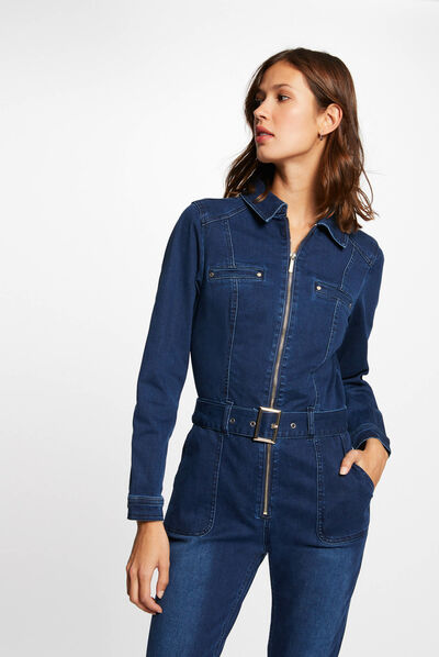 Combinaison ajustée ceinturée en jean indigo femme