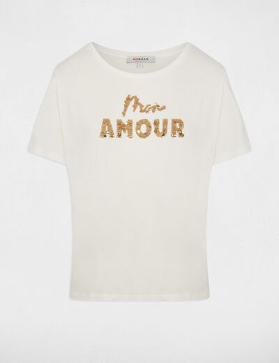 T-shirt brod&eacute; sequins blanc femme
