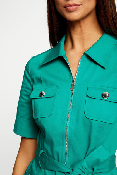 Robe droite manches courtes ceinturée vert moyen femme