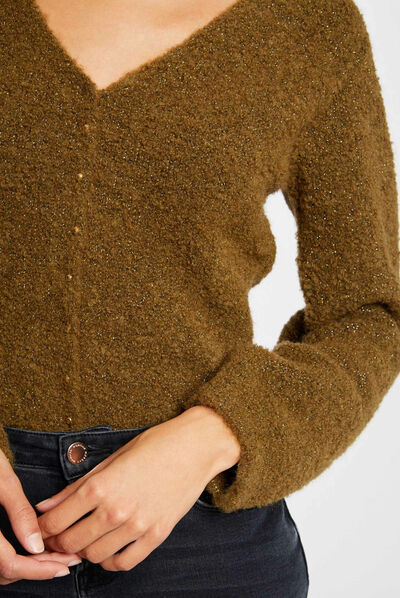 Pull manches longues avec col en V vert moyen femme