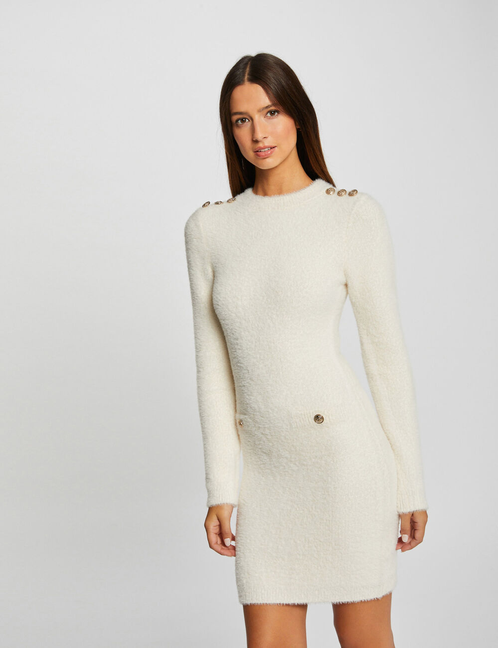 Robe pull ajustée maille duveteuse ivoire femme