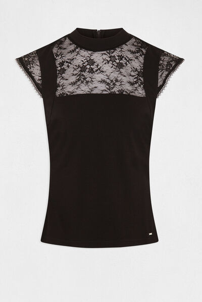 T-shirt manches courtes avec dentelle noir femme