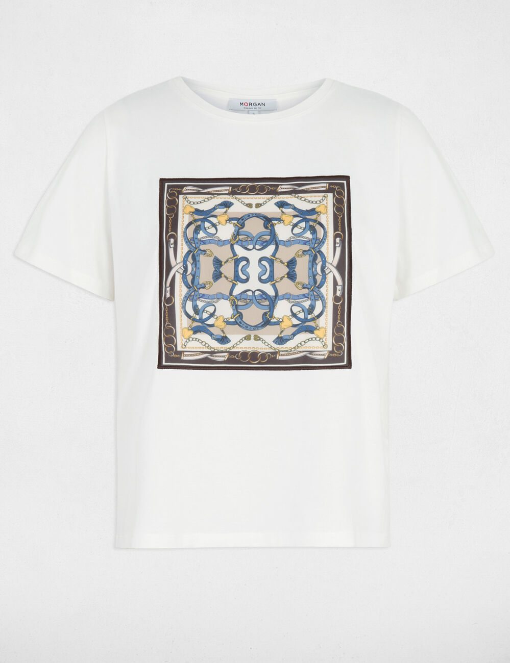 T-shirt imprim&eacute; col rond blanc femme