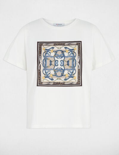 T-shirt imprim&eacute; col rond blanc femme