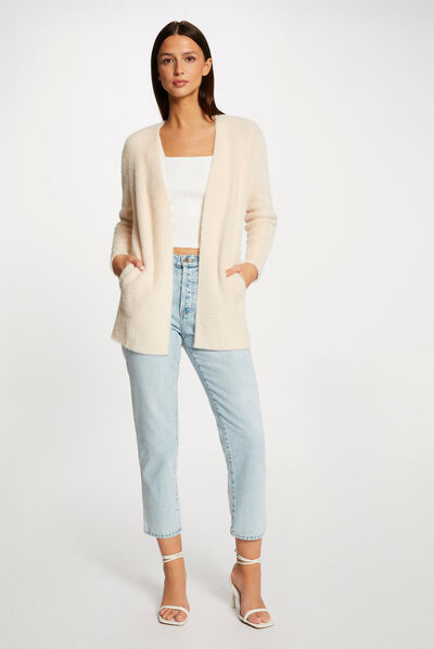 Gilet long maille duveteuse rose clair femme