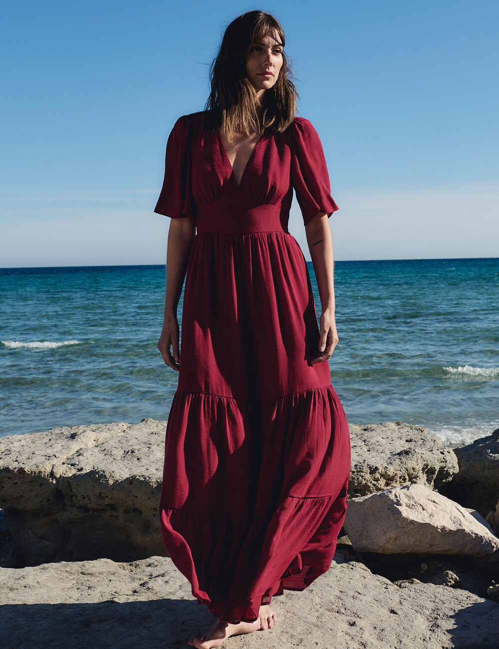 Robe longue col v bordeaux femme