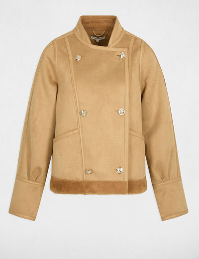 Veste courte peau lain&eacute;e marron cognac femme