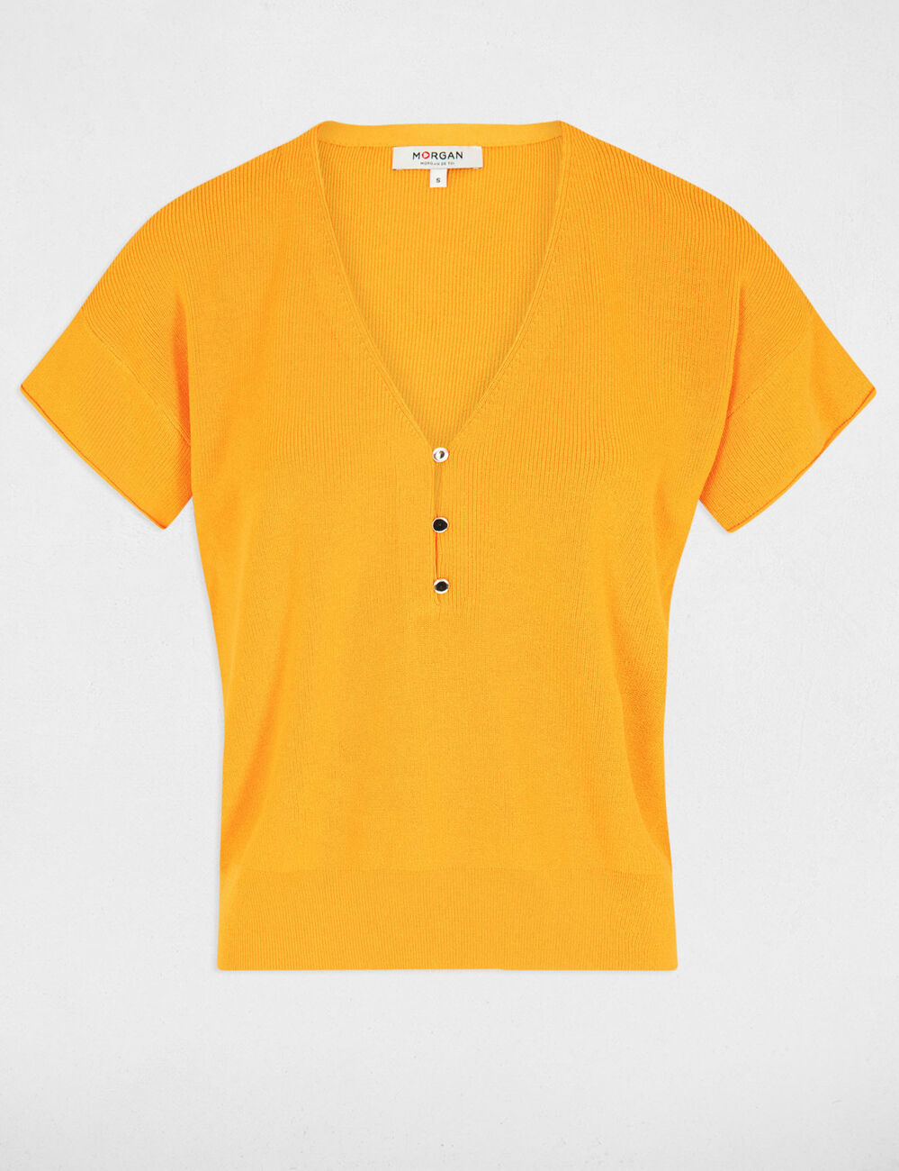 Pull col en V manches courtes orange femme