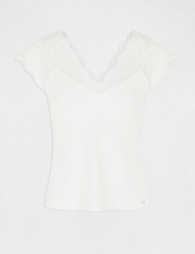 T-shirt manches courtes à dentelle ecru femme