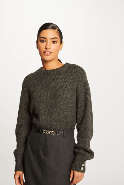 Pull manches longues à col rond gris anthracite femme