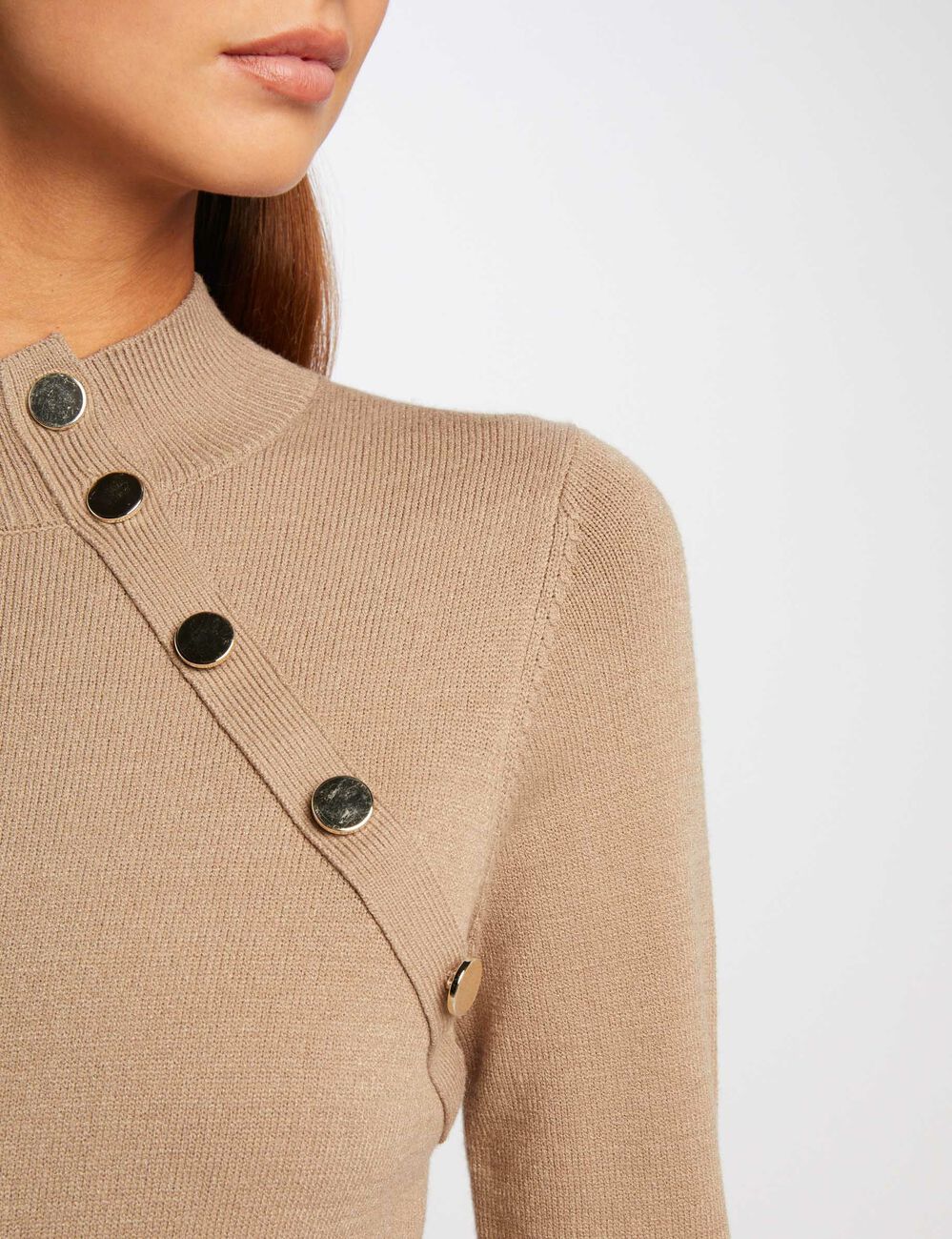 Pull cintr&eacute; col montant taupe femme