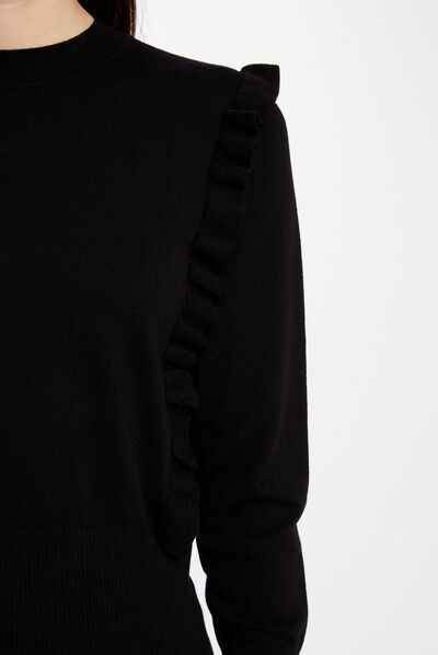 Pull manches longues à volants noir femme