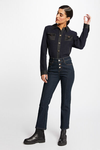 Jeans droit taille haute avec boutons jean brut femme