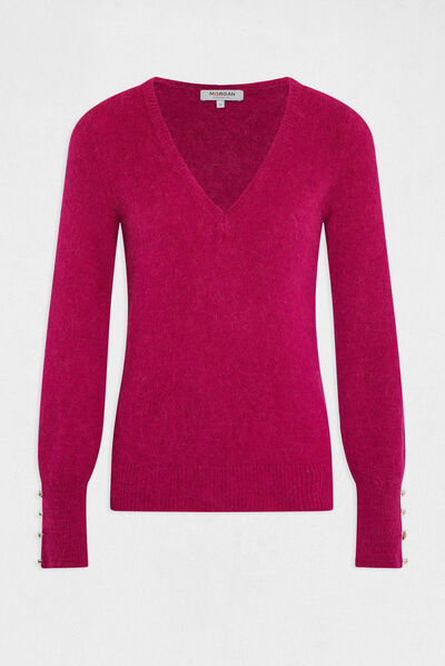 Pull manches longues col en V framboise femme