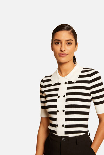 Pull manches courtes à rayures noir femme