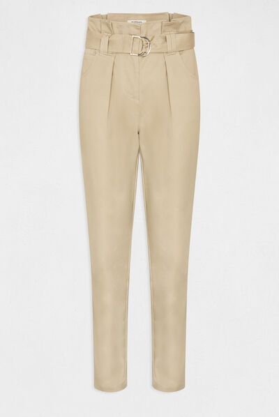 Pantalon carotte ceinturée beige femme
