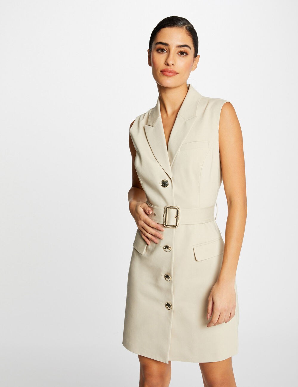 Robe droite sans manches ceintur&eacute;e beige femme