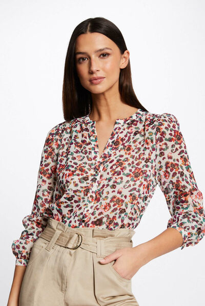 Chemise manches longues imprimé floral ecru femme