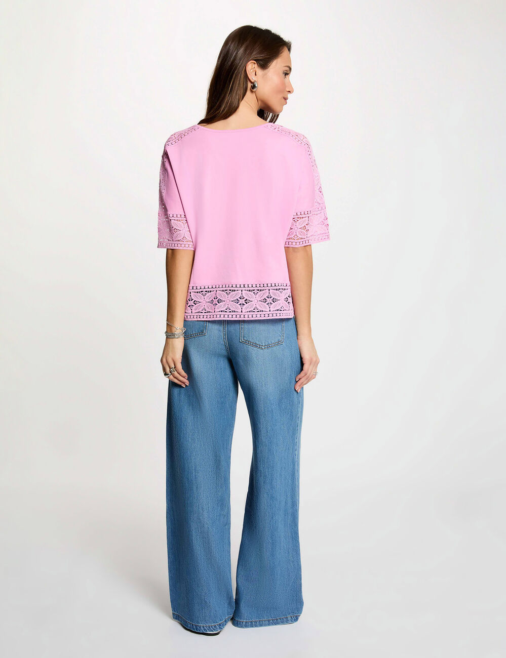 T-shirt dentelle col rond rose femme