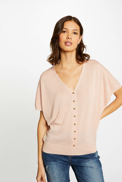 Pull manches courtes avec boutons vieux rose femme