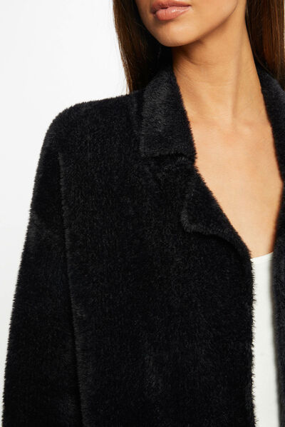 Gilet long droit maille duveteuse noir femme