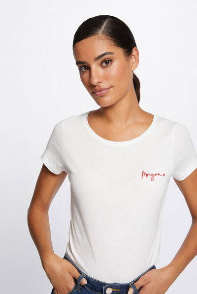 T-shirt manches courtes avec broderie ecru femme