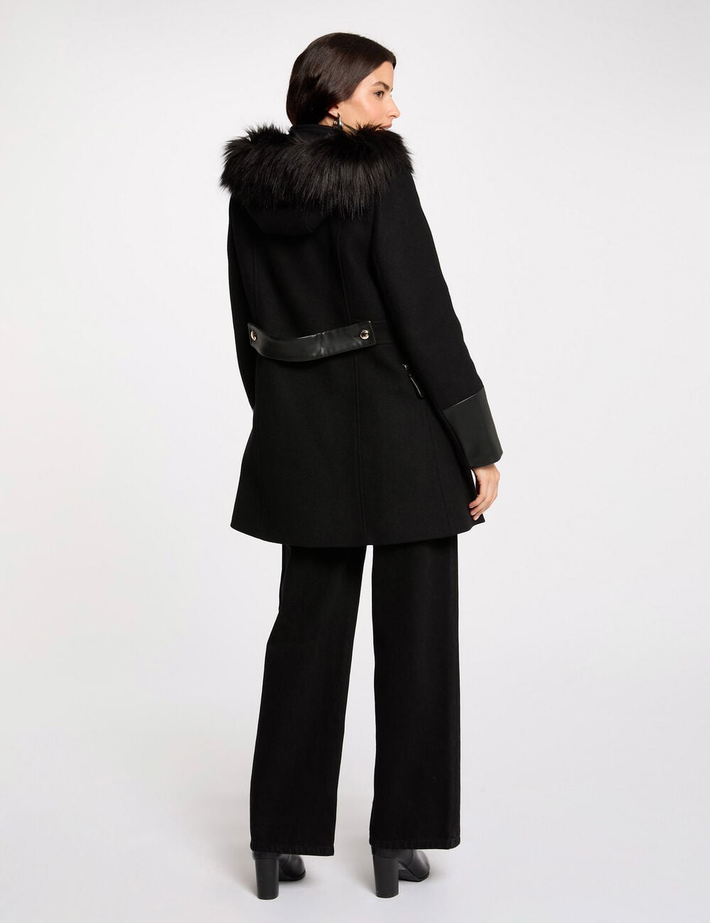 Manteau bouclette col montant noir femme