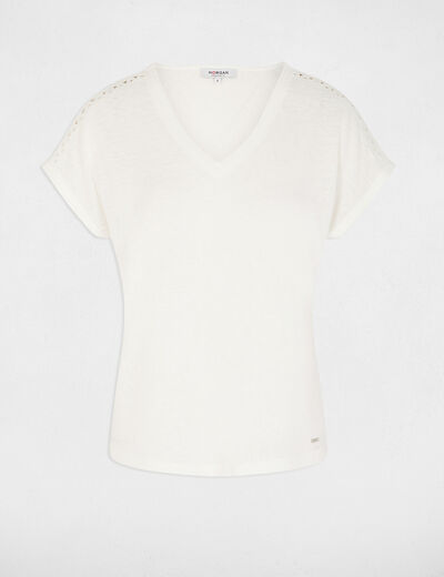T-shirt col v manches courtes blanc femme